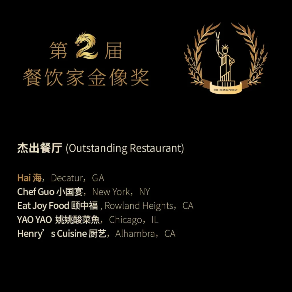 第二届餐饮家金像奖杰出餐厅奖获奖餐厅，包括Hai、Chef Guo、Eat Joy Food、YAO YAO、Henry's Cuisine等，表彰它们的卓越餐饮服务。