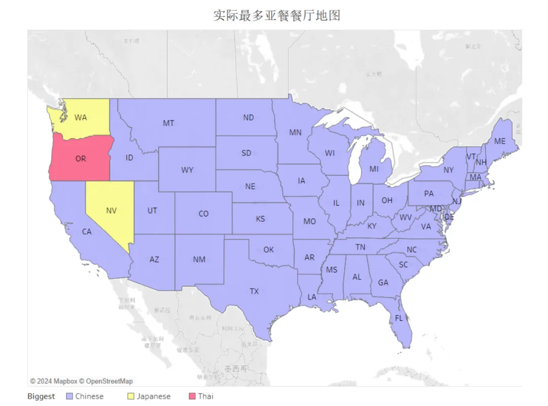 美国各州亚餐餐厅分布地图，展示中餐、日餐和泰餐在不同州的主导地位