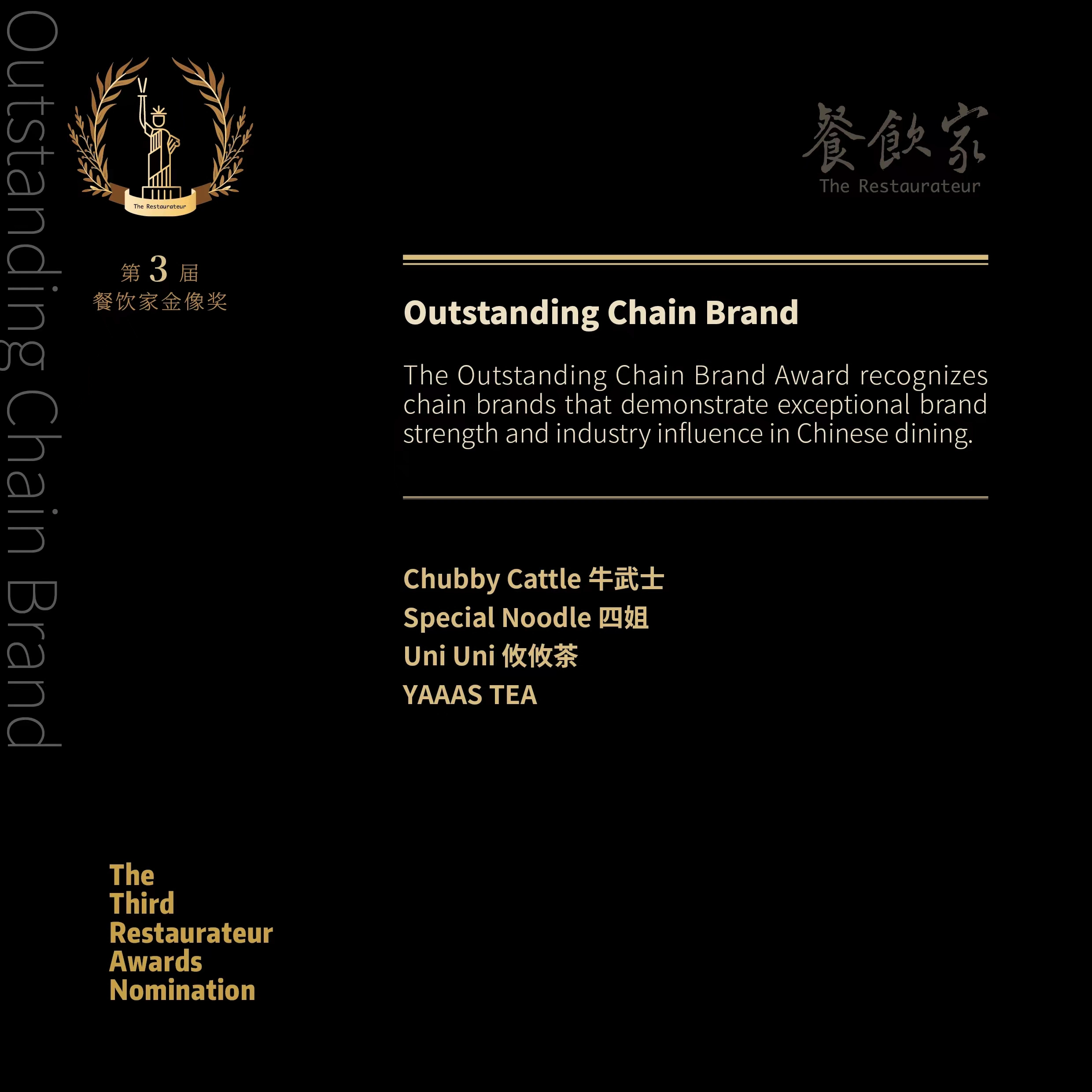 A black-background graphic for the 3rd Restaurateur Awards, featuring a gold laurel wreath logo with the Statue of Liberty at the top left, and Chinese characters '餐饮家' (The Restaurateur) at the top right. Centered text announces the 'Outstanding Chain Brand' award, recognizing brands with exceptional strength in Chinese dining. Listed winners include 'Chubby Cattle 牛武士,' 'Special Noodle 四姐,' 'Uni Uni 攸攸茶,' and 'YAAAS TEA.' The bottom left includes 'The Third Restaurateur Awards Nomination' in gold text. The design uses high-contrast gold typography on black to convey prestige and formality.