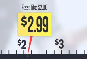 一张展示左位效应应用的黄色价格标签图，标价2.99上方标注“Feelslike2.00”，下方标尺刻度为2和3美元，红色指针指向接近$2的刻度，背景为浅灰色渐变。通过视觉对比直观呈现价格锚定策略，利用左位数字差异缩小顾客心理价位与实际标价的感知差距。