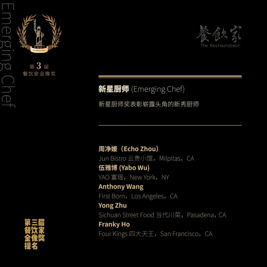 第三届餐饮家金像奖“新星厨师”类别提名名单，包含周净媛（Echo Zhou）、伍雅博（Yabo Wu）、Anthony Wang、Yong Zhu、Franky Ho及其所属餐厅和城市信息。