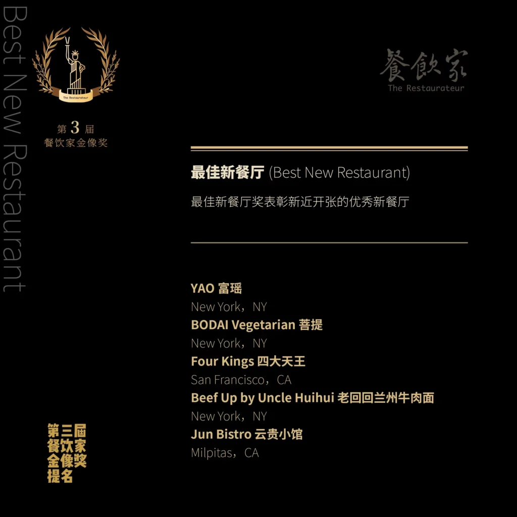 第三届餐饮家金像奖“最佳新餐厅”类别提名名单，列出YAO富瑶、BODAI Vegetarian菩提、Four Kings 四大天王、Beef Up by Uncle Huihui老回回兰州牛肉面、Jun Bistro云贵小馆及其所在城市。