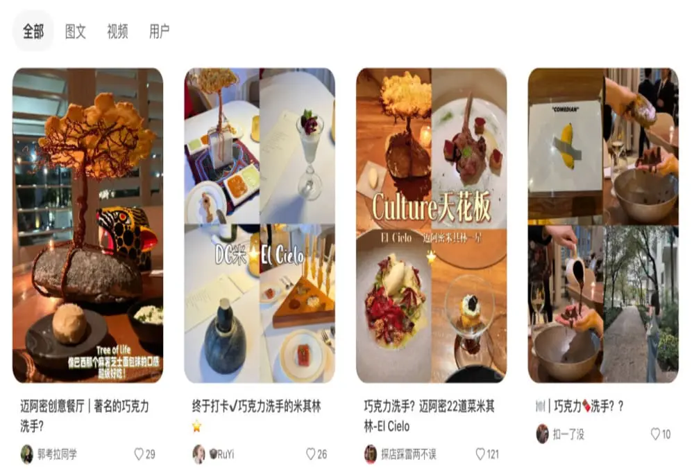 迈阿密米其林餐厅El Cielo菜品拼贴，含巧克力洗手仪式（画面左下）、创意甜点及22道菜菜单。展示高传播性仪式化打卡锚点。