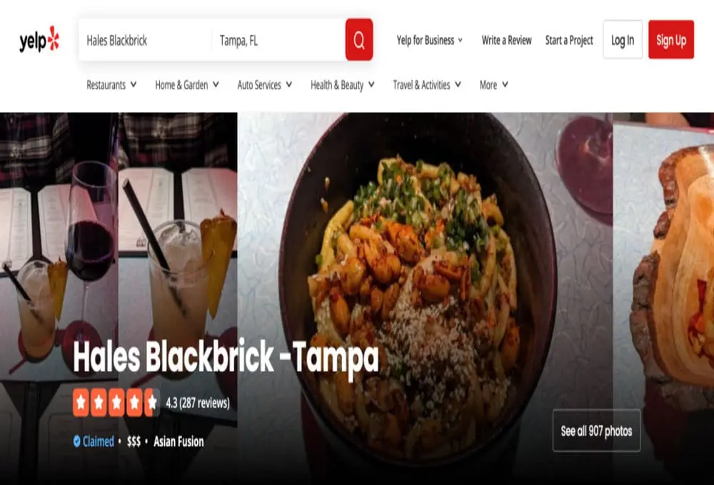 Yelp平台上Hales Blackbrick餐厅的主页截图，显示评分4.3星，共287条评论，主打亚洲融合菜，页面展示多道招牌菜品。