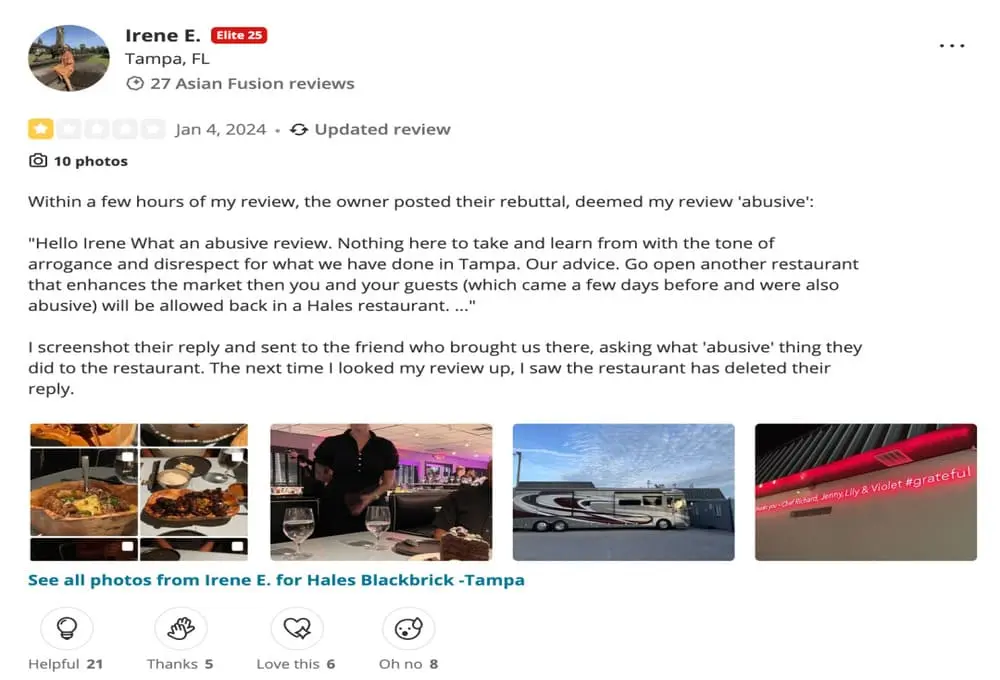 Yelp评论员艾琳发布的一星评价及餐厅主厨回应截图，内容涉及用餐体验、服务态度和后续争议内容，评论附带多张就餐现场照片。