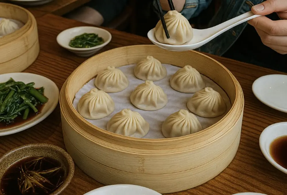 一位食客在吃面前的一笼小笼包，旁边有醋和小菜
