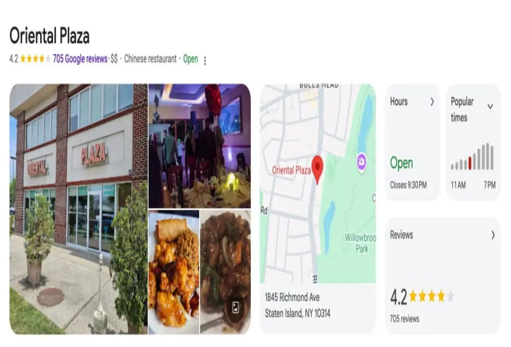 Google商家页面显示纽约史丹顿岛中餐厅“东方广场”信息，包括店面外观、内景、菜品照片、地址地图、营业时间与顾客评分等。