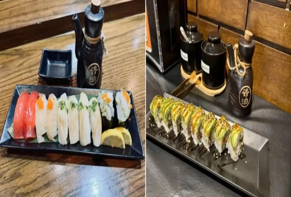 餐厅吧台出品实拍：左侧瓷盘盛放金枪鱼/三文鱼刺身与寿司组合，配日式酱油壶；右侧寿司卷搭配芥末酱与姜片，木质台面突显专业日料氛围。"