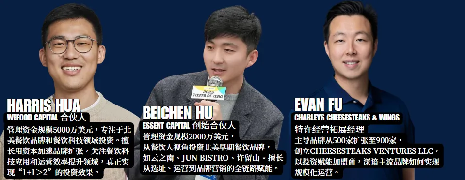 ESSENT CAPITAL创始合伙人BEICHEN HU持麦演讲，背景蓝板凸显"管理2000万美金基金"。文字特写投资案例（云之南/JUN BISTRO）及"全链路赋能"方法论，麦克风印2025 TASTE OF ASIA标识。
