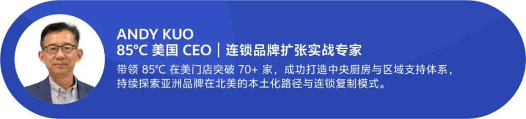 蓝底人物卡：左侧85°C美国CEO安迪·郭肖像，右侧罗列其在美突破70家门店的关键动作——中央厨房支持体系搭建、区域化供应链优化、亚洲烘焙本土化口味调试方法论。