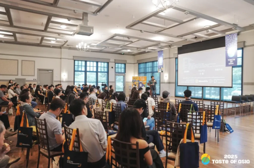 TOA论坛全景：200余位餐饮从业者专注聆听舞台演讲，座椅背袋印赞助商LOGO。投影幕布展示"数字化转型"议程，吊灯与落地窗塑造开放讨论氛围，侧墙"2025 TASTE OF ASIA"标识强化行业峰会属性。