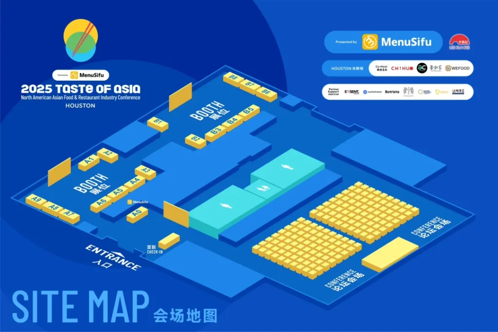 TOA峰会休斯顿站场地规划图：蓝色背景清晰标注A1-A11/B1-B11展位布局，含MenuSifu、BIOH等展区标识。"入口/签到/论坛会场"三区动线设计，左下角特写合作方矩阵，为7/21参会者提供导航指引。