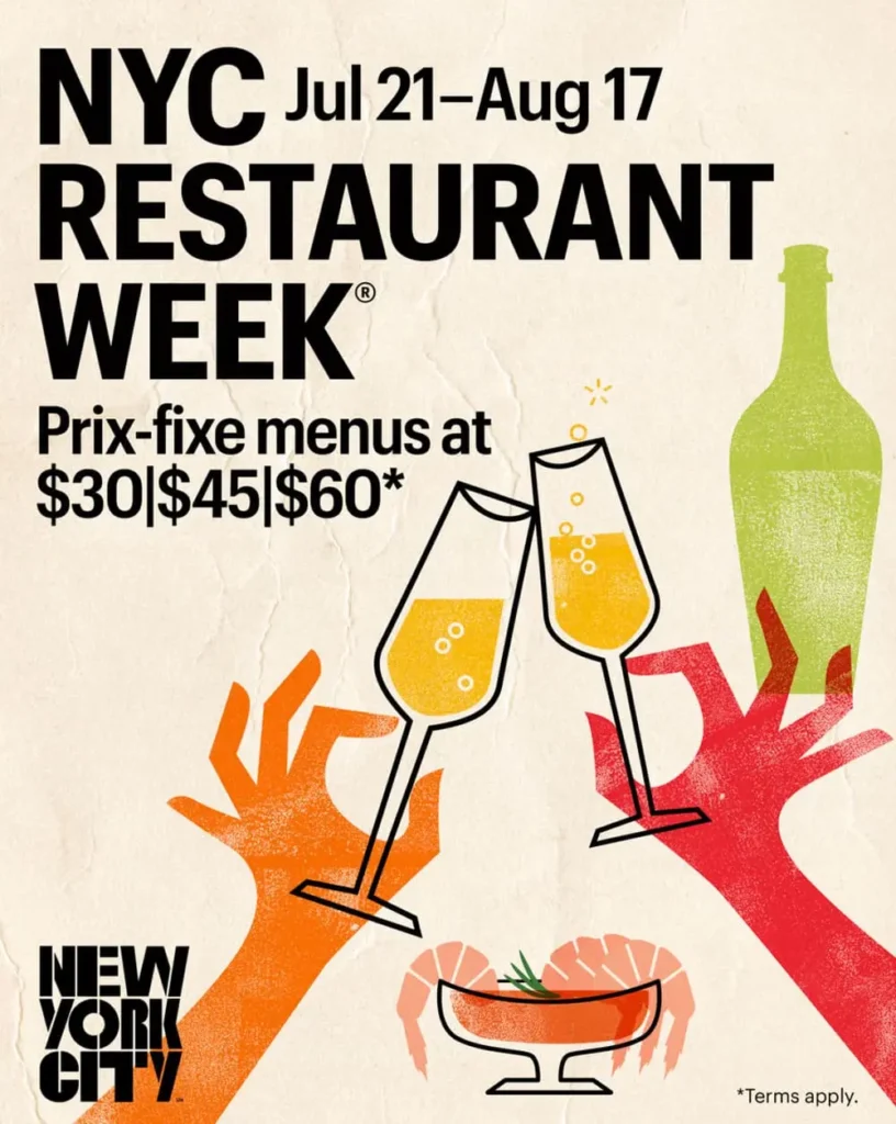纽约餐厅周官方海报：米白背景黑字标题"NYC Jul21-Aug17 RESTAURANT WEEK"，主推30/45/$60三档套餐。插画双碰酒杯（橙红手举绿瓶香槟），底部"NEW YORK CITY"标识+活动条款，复古撞色设计传递盛夏餐饮盛事氛围。