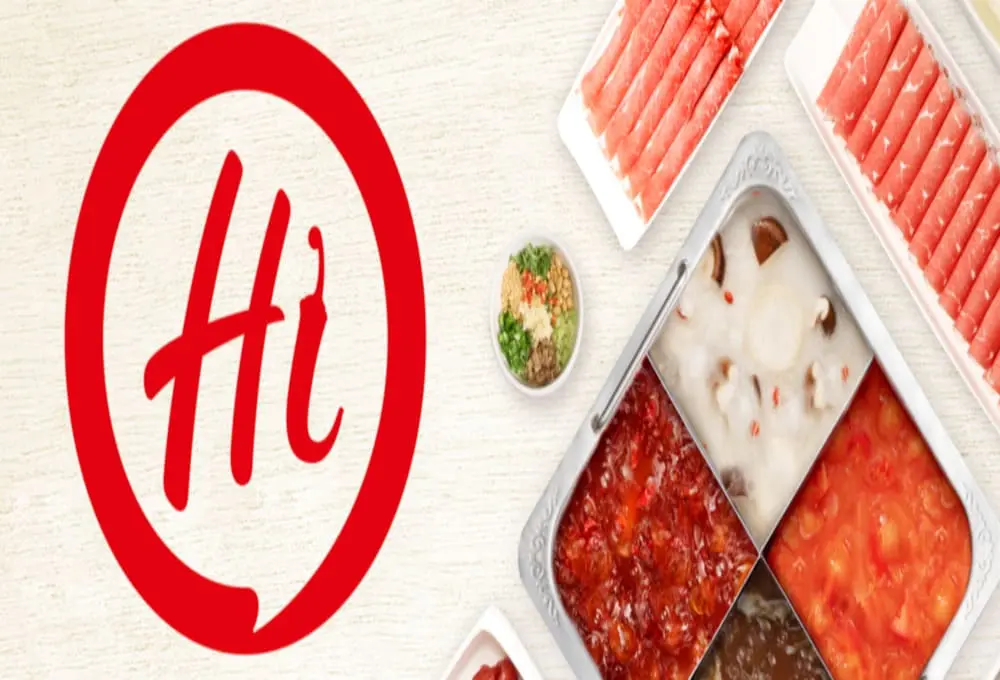 海底捞标志性红色"Hİ"圆形LOGO（左侧）与招牌四宫格火锅特写（右侧）：分格含麻辣红油/菌菇白汤/番茄锅，配两盘鲜切肉卷及葱花蘸料碗。背景浅木纹桌面突显食材色彩，展现湾区新店多汤底特色与欢聚场景。