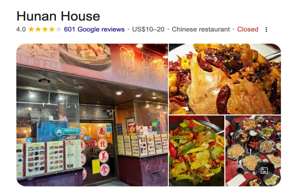 Google地图页面截图：湘菜馆(Hunan House)店面招牌含中文，顶部显示4.0星/601条评价。下方菜品图：左为红油香辣蟹（配年糕/玉米），中为辣椒炒肉配米饭，右含小笼包/春卷/煎饺。与现实卫生违规（活蟑螂/47℉储温）形成强烈对比警示。