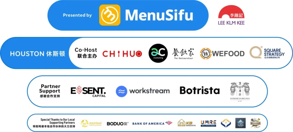 顶行蓝色"Presented by MenuSifu+李锦记"；二层"联合主办"含餐饮家/CHIHUO等；三层"合作支持"列ESSENT CAPITAL/Botrista；底层"本地伙伴"含美国银行/AsUnited。完整资源生态可视化。
