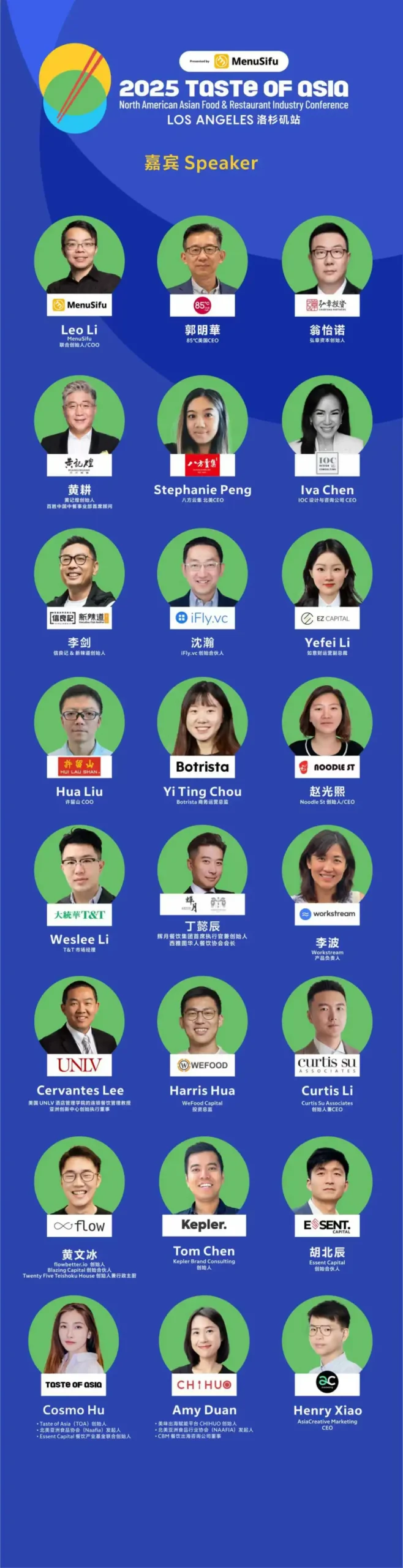 2025 Taste of Asia峰会深蓝背景主视觉，顶部MenuSifu黄绿标识+中英文大会名称。中央「嘉宾」黄色标题下，四列网格展示27位演讲者：含MenuSifu李宇（左上1）、85°C郭明華（右2）、弘章资本翁怡诺（左下）、黄记煌黄耕（中下）等餐饮创始人/CEO圆形头像，浅绿边框+企业logo+中英文职衔。体现连锁品牌创始人占比65%的行业权威性。