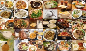 多元美食拼贴：炒菜、汤品、点心、面条、烧烤、海鲜等菜肴集结，摆盘精美色彩丰富（如绿色蔬菜、棕色烤肉、白色米饭）。背景餐桌桌面烘托热闹氛围，象征LIC FOOD HALL开业盛宴，涵盖入驻品牌如湖南嗦粉、港式茶点、钵钵鸡等亚洲风味。体现长岛市美食广场的创新活动与品质。
