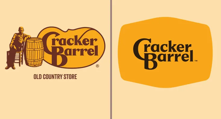 Cracker Barrel新标志为橙黄色不规则色块背景，中央黑色粗体“Cracker Barrel”居中，右上角带™符号，设计简约现代，无旧版“Old Timer”及木桶元素，突出品牌名称识别度。