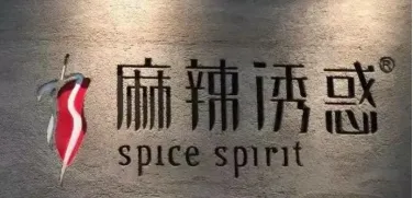 金属质感背景上，“麻辣诱惑”黑字配左侧红辣椒图案，下方英文“spice spirit”，简洁醒目显品牌特色。