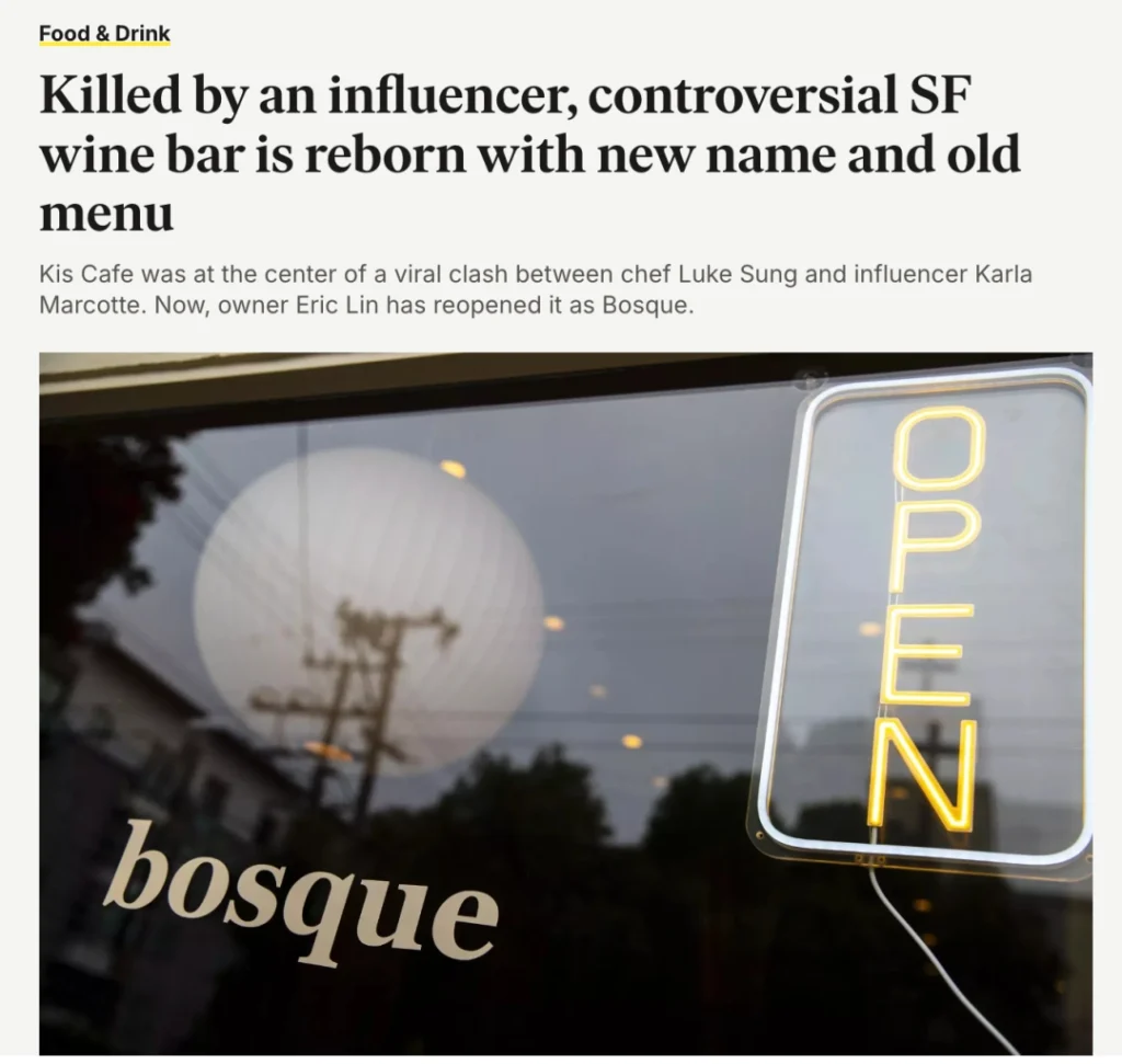 灰色背景图片，醒目标注“Restaurant of the Year”（Eater San Francisco）及“World's Greatest Places”（TIME）获奖信息，EATER标志清晰可见，展现餐厅行业权威认可。