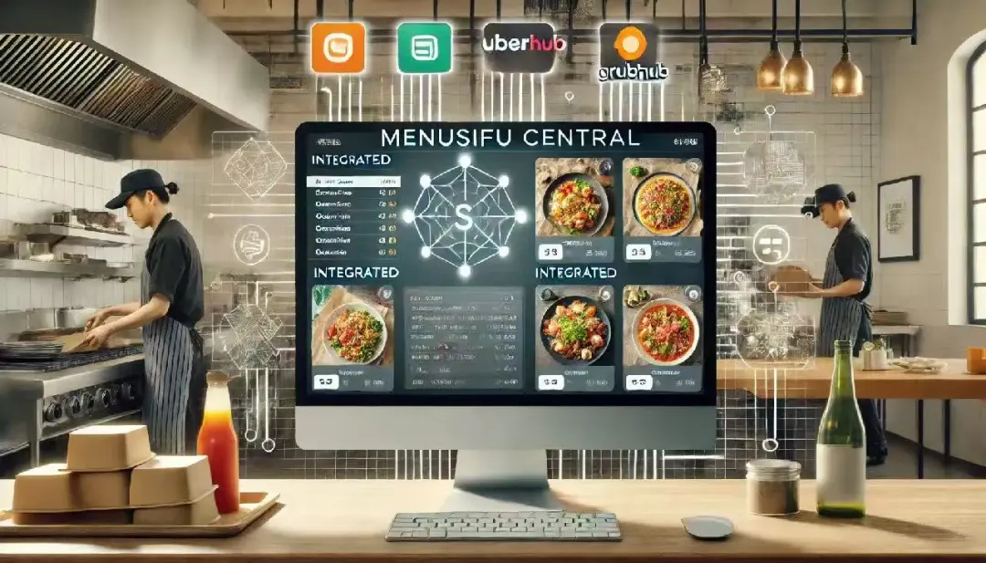 现代化中央厨房内，大型电脑显示“MENUSIFU CENTRAL”系统界面，集成Grubhub、Uber Eats等外卖平台，展示菜品价格及订单数据，两名厨师在旁操作。