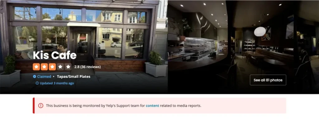 左：Kis Cafe玻璃外墙挂黑色招牌，右侧Yelp评分面板（顶部显示争议性数据：2.8分、36条评论、标注“Yelp监控中”，红标Claimed状态）。右：内部空间全景——L型吧台陈列酒瓶、四人木桌椅、金属厨具区，印证文中"Tapas酒馆"定位。空间空无一人暗示歇业，呼应"4500条差评涌入"结果。