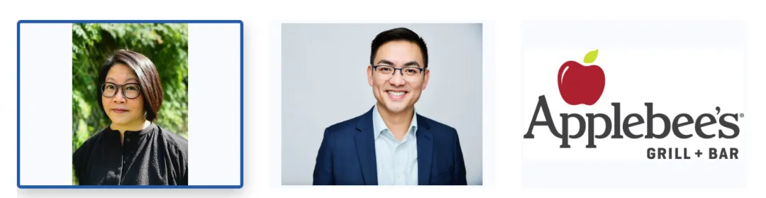 图中为Applebee's新任首席市场官Michelle Chin的肖像照，亚裔女性戴细框眼镜，穿深色立领上衣，表情平静侧视；背景为模糊绿色植物，画面左上角标注品牌“Applebee's GRILL + BAR”，突出高管身份与品牌关联