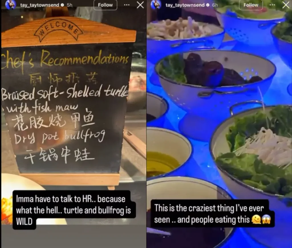 Instagram用户tay_taytownsend的帖子，展示白色镂空滤碗装的叶菜、疑似金针菇的丝状物，及黄液与深褐酱的碗，置于蓝发光平面。配文称“最疯狂的事，还有人吃这个”，并提到花胶烧甲鱼、干锅牛蛙，表达震惊。