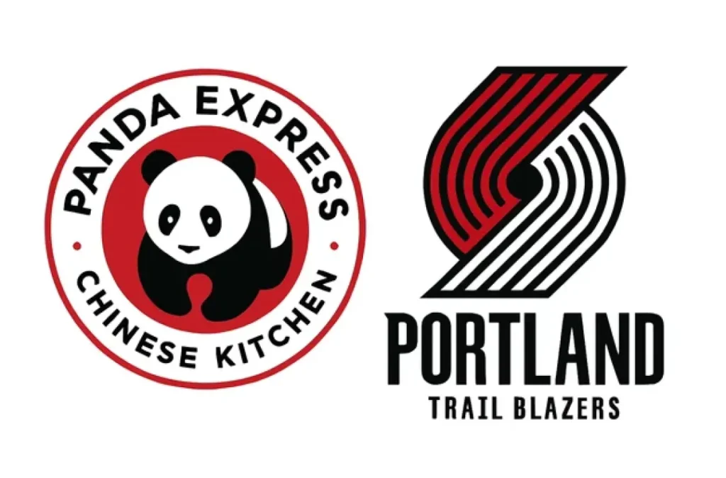 图中展示两个品牌标识，左侧为Panda Express（熊猫快餐）红圈白边圆形标志，内有熊猫形象及品牌名；右侧是Portland Trail Blazers（波特兰开拓者队）黑红线条构成的标志，下方配球队名称，呈现两大品牌视觉设计。