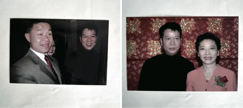 两张合影：左为西装男微笑合影；右为一男一女穿黑上衣、粉衣（别红花），站红幕布前，氛围温馨记录互动瞬间。