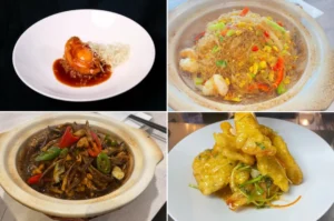 白色圆盘盛红烧鲍鱼，配溏心蛋、丝状配菜，淋酱汁，黑色背景凸显菜品精致，色泽诱人，展现高端美食质感。