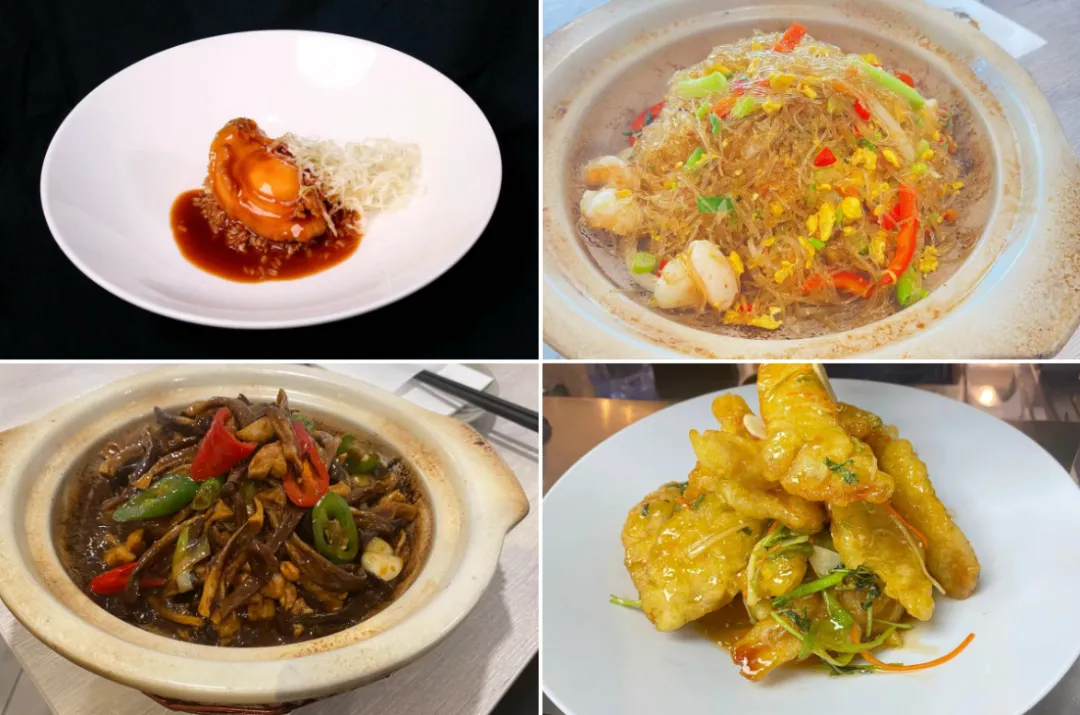 白色圆盘盛红烧鲍鱼，配溏心蛋、丝状配菜，淋酱汁，黑色背景凸显菜品精致，色泽诱人，展现高端美食质感。