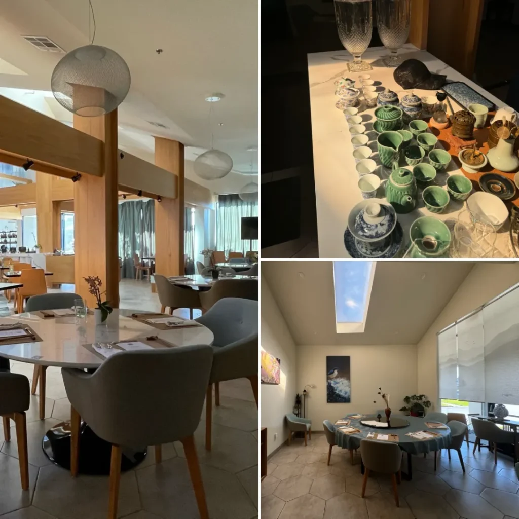 从不同角度呈现 “秀色可餐” 餐厅内景，有餐桌布置、茶具陈列及采光良好的用餐区，尽显雅致。